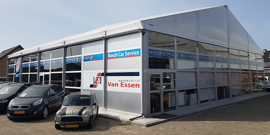 tijdelijke garage voor van Essen autobedrijf